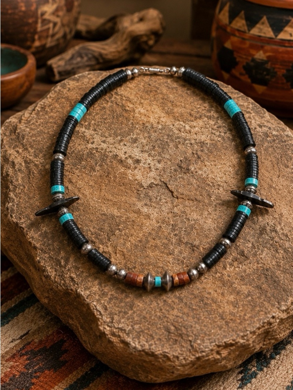 Santo Domingo Native American Sterling Turquoise Jet Bird Heishi Beaded Necklace